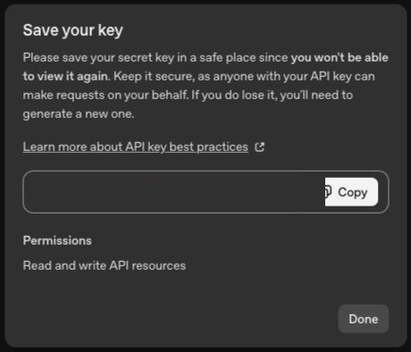 발급 직후 Save your key 화면의 Copy 버튼